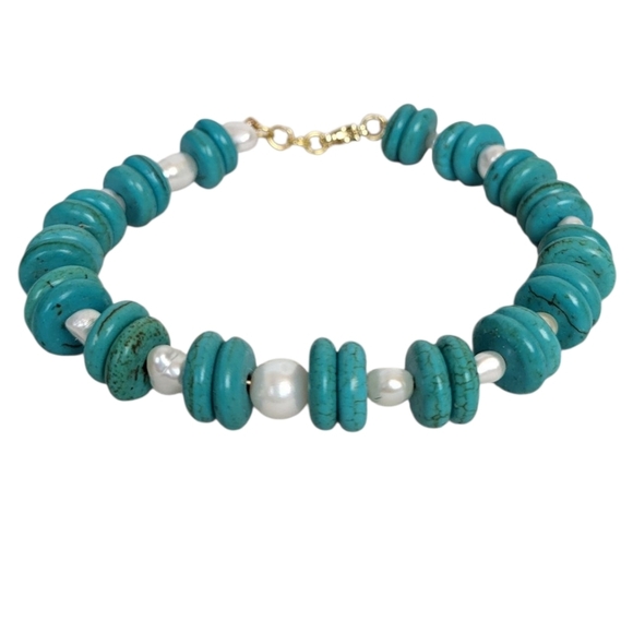 Hand Crafted Jewelry - Turquoise Heishi Freshwater Pearl Bracelet